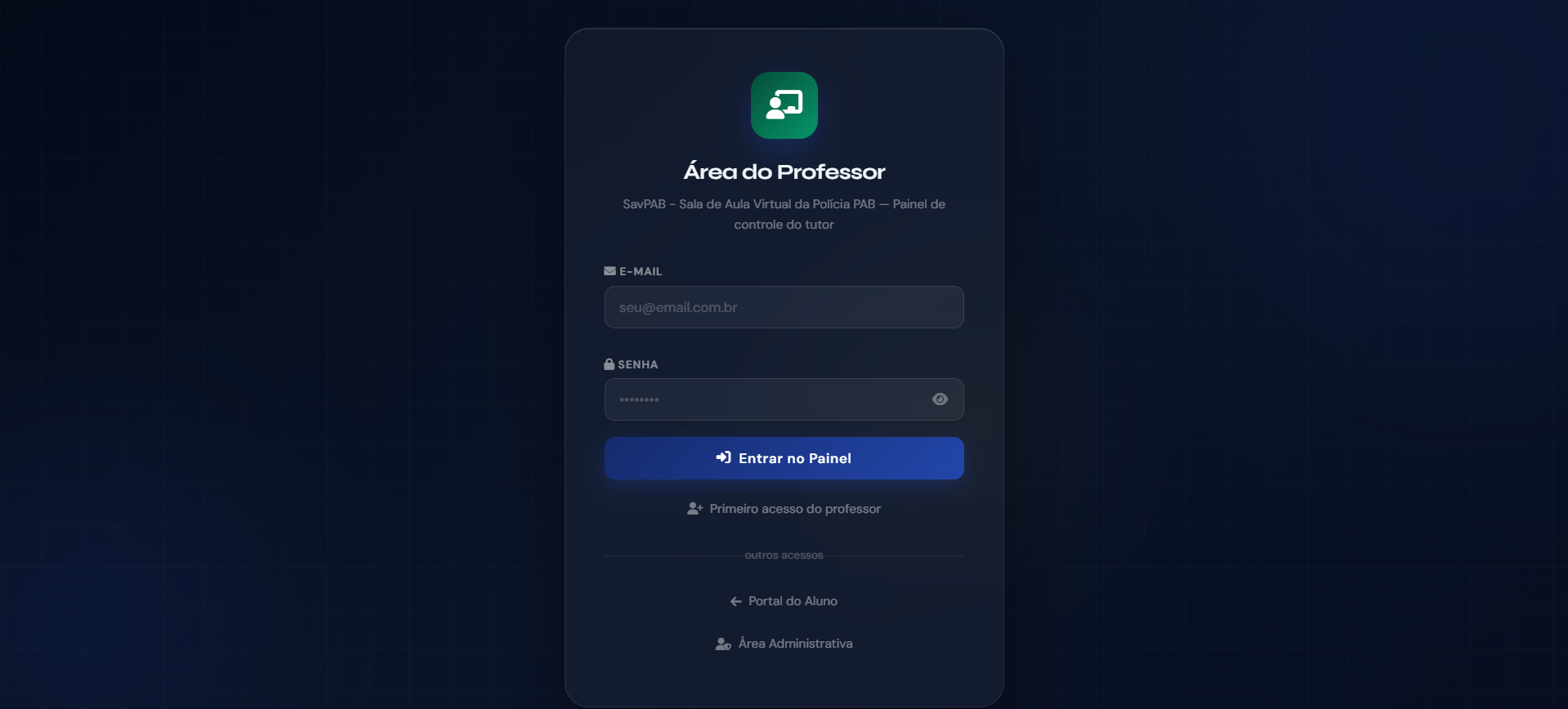 Login da área do professor do SAVPAB